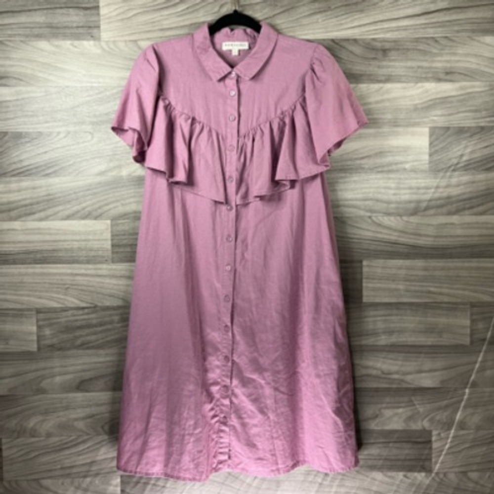 Downeast Womens‎ Button-Up Dress Pink Violet Knee Length Ruffles Short Sleeve L